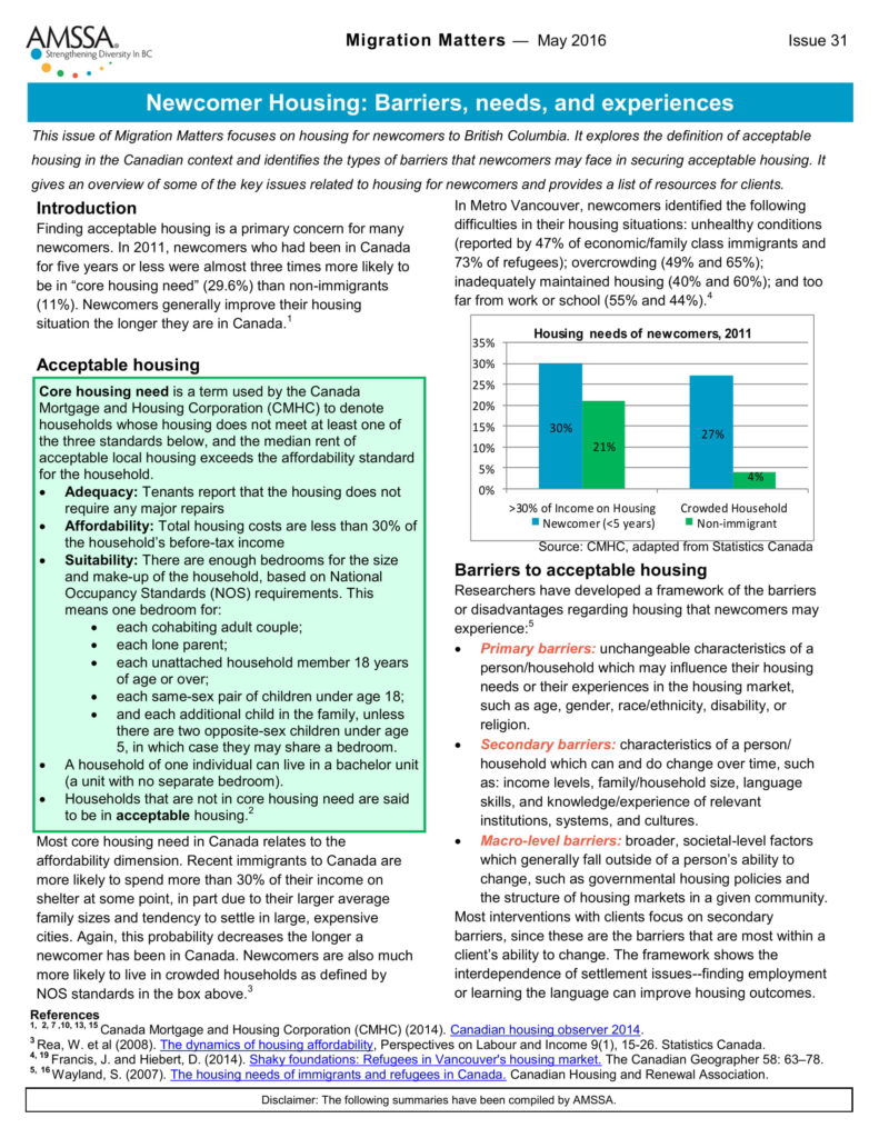 Migration Matters Info-sheet: Newcomer Housing – Barriers, Needs and ...